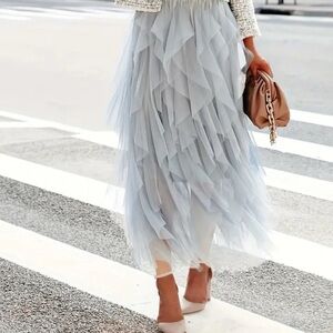 Blue Tulle Midi Maxi Ruffled Tutu Trendy Fashion Skirt